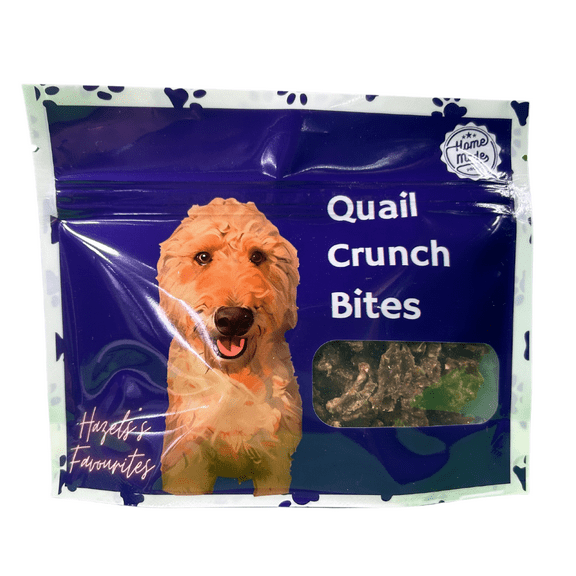 Quail Crunch Bites: Gourmet Dehydrated Dog Treats with Quail Meat and Shells.