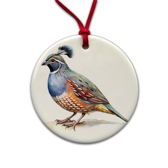Quail Watercolor Christmas Tree Holiday Round Ceramic Ornament