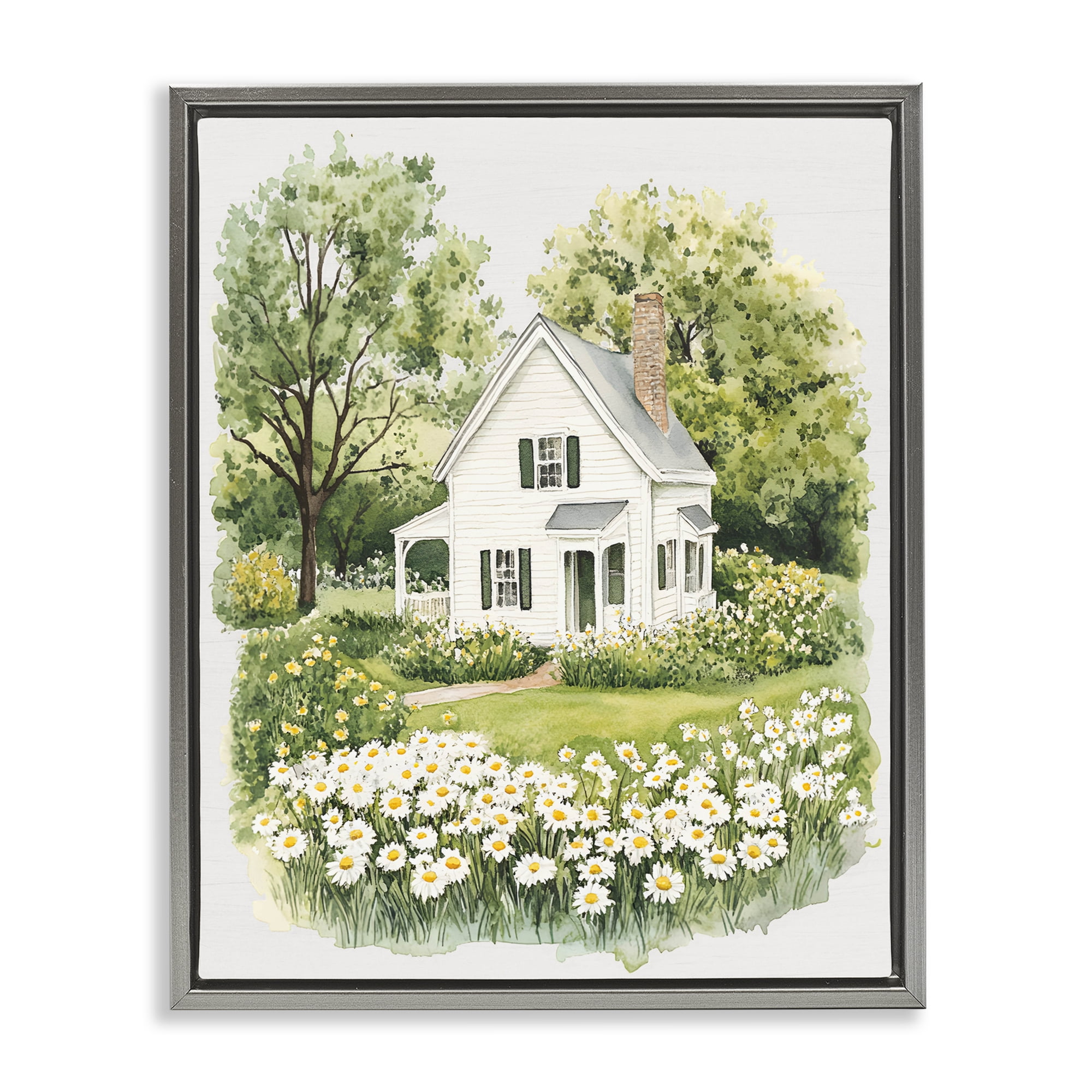 Quaint Countryside Cottage Garden Gray Framed Floater Canvas Wall Art, design by Lettered and Lined