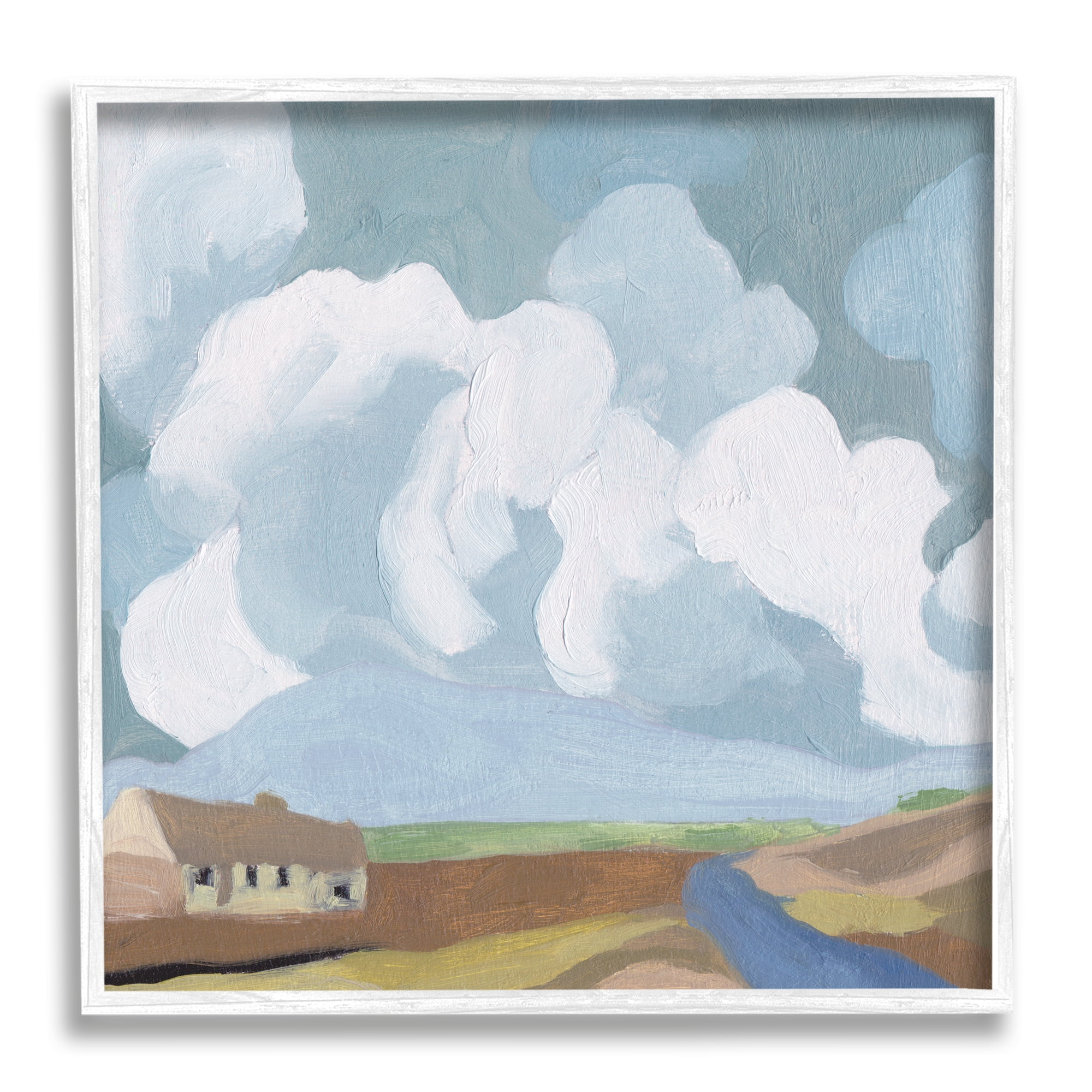 Quaint Farmhouse Abstract Cloudy Sky Country Meadow Landscape Framed Art Print Wall Art, 17x17