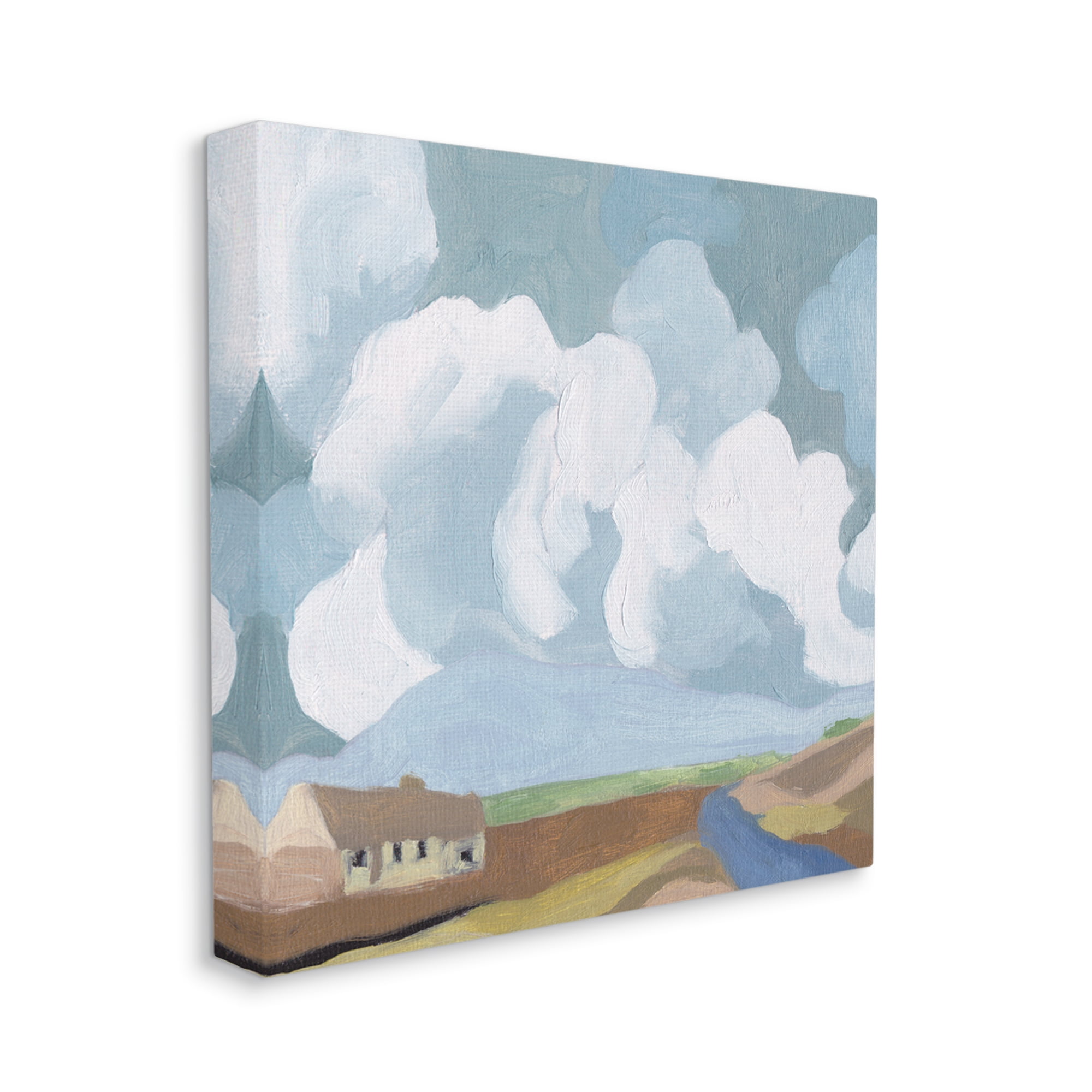 Quaint Farmhouse Abstract Cloudy Sky Country Meadow Landscape Gallery-Wrapped Canvas Print Wall Art, 17x17