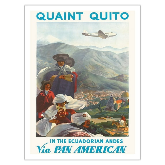 Quaint Quito - Ecuadorian Andes - Vintage Airline Travel Poster by Paul George Lawler c.1938 - Fine Art Matte Paper Print (Unframed) 24x32in