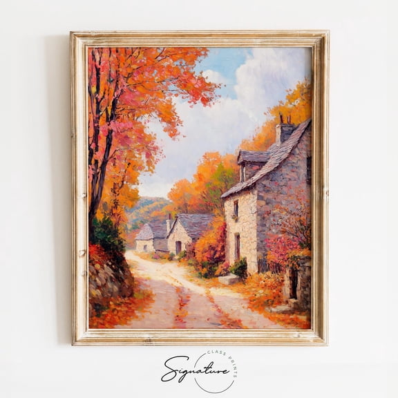 Quaint Village Street In Autumn, Vintage Stone Cottages In Fall, Rustic Autumn Village Art, Warm Decor, Cozy Country Scene, 1254 Home Decor, 8x12 UNFRAMED