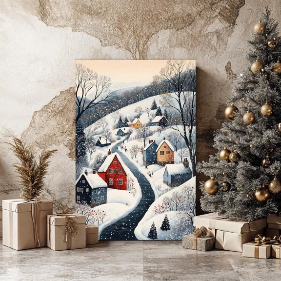 Quaint Winter Town Landscape Wall Art Snowy Village Rustic Winter Decor Cozy Scene Art Style One, Unframed Paper Print