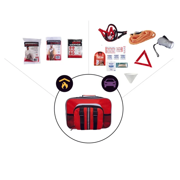 Quake Kits Roadside Emergency Kit - Prepared | Car Safety & Survival with Jumper Cables, Tow Rope, Reflective Triangle, Squeeze Flashlight, Bandage Kit, Emergency Blanket & Poncho