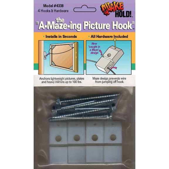 Quakehold! 4338 Ready America Anti-Fall Heavy Duty Picture Hook, 4 Pieces, 100 Lb Load Capacity