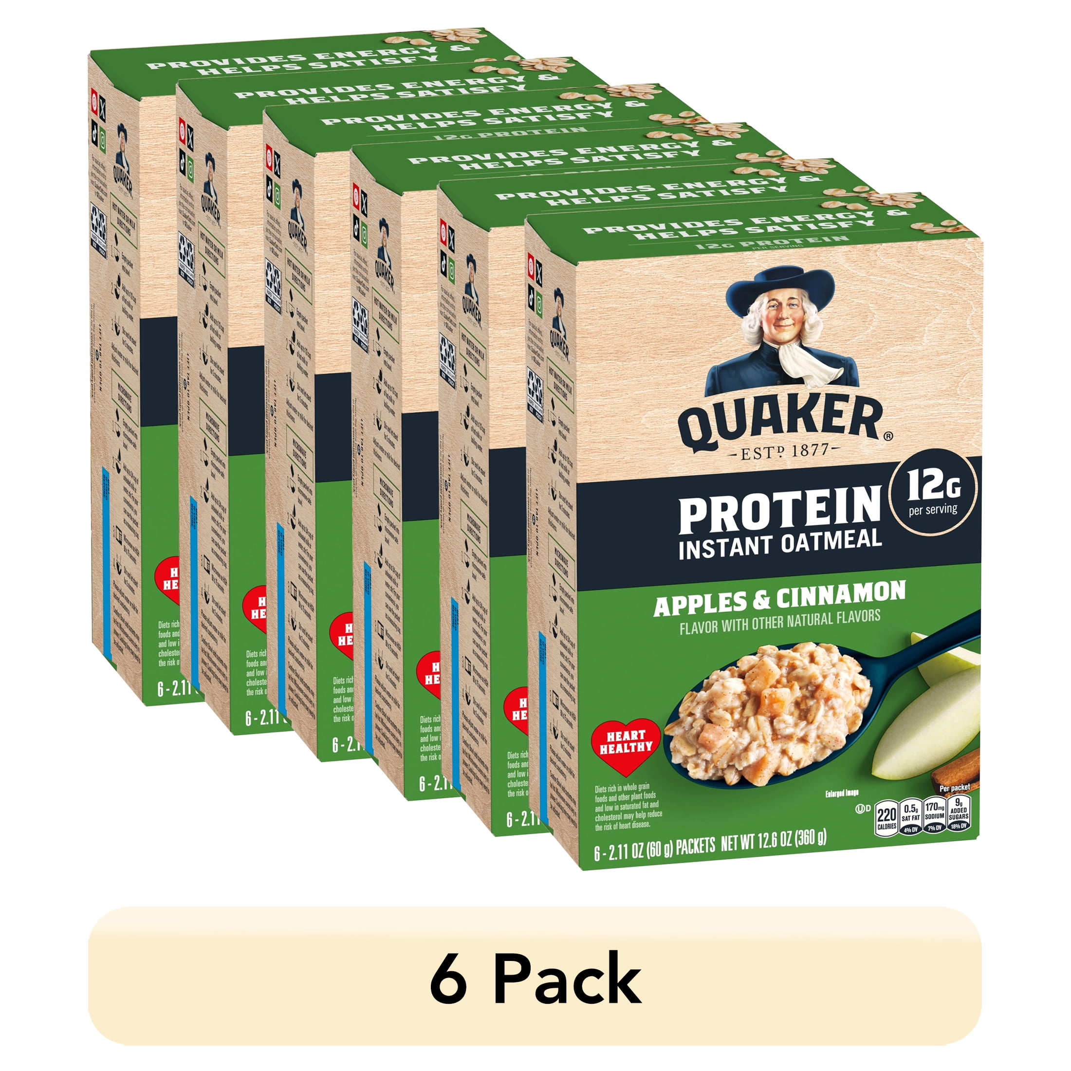 Quaker Apples & Cinnamon Flavored Protein Instant Oatmeal, 12.6 oz Paperboard Box,  6 Count
