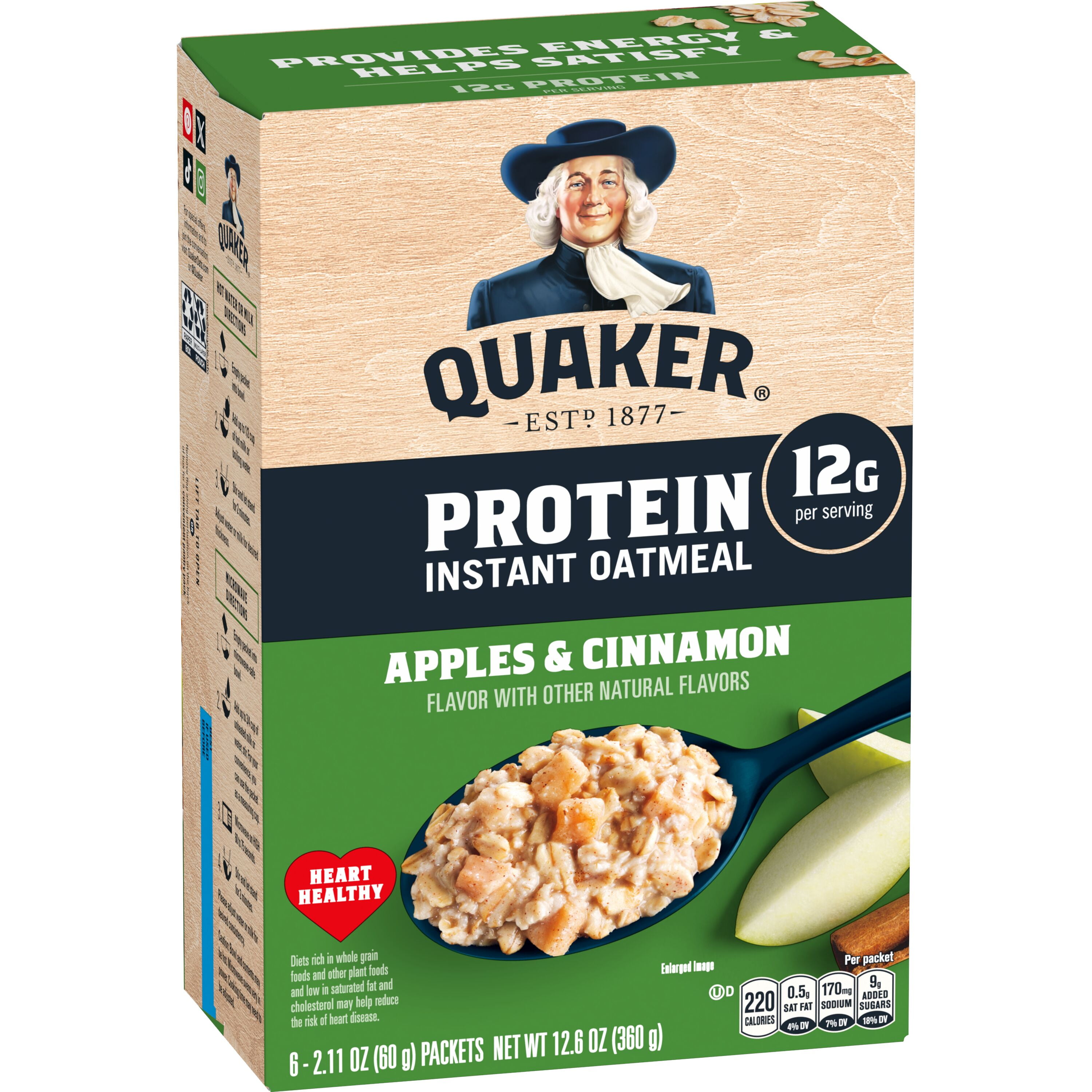 Quaker Apples & Cinnamon Flavored Protein Instant Oatmeal, 12.6 oz Paperboard Box,  6 Count