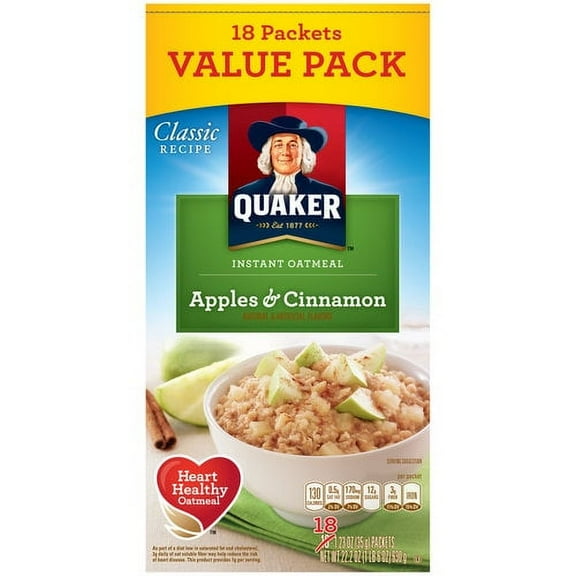 Quaker Apples & Cinnamon Instant Oatmeal, 1.23 oz, 18 count