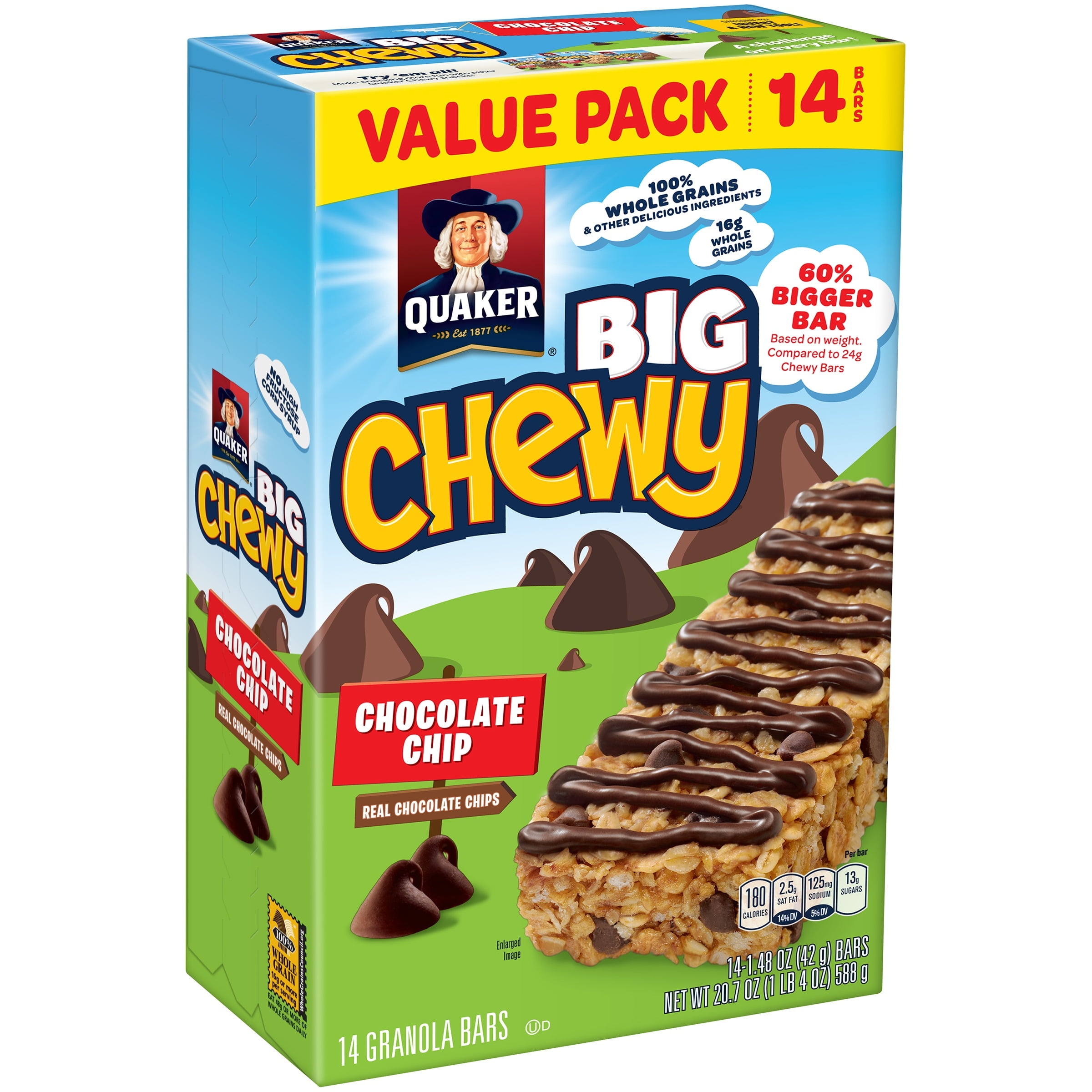 Quaker Big Chewy Granola Bars, 60% Larger, Chocolate Chip, 14 Pack