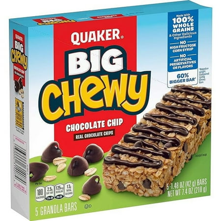 Quaker Big Chewy Granola Bars, 60% Larger, Chocolate Chip, (5 Pack) ( Pack of 2 )