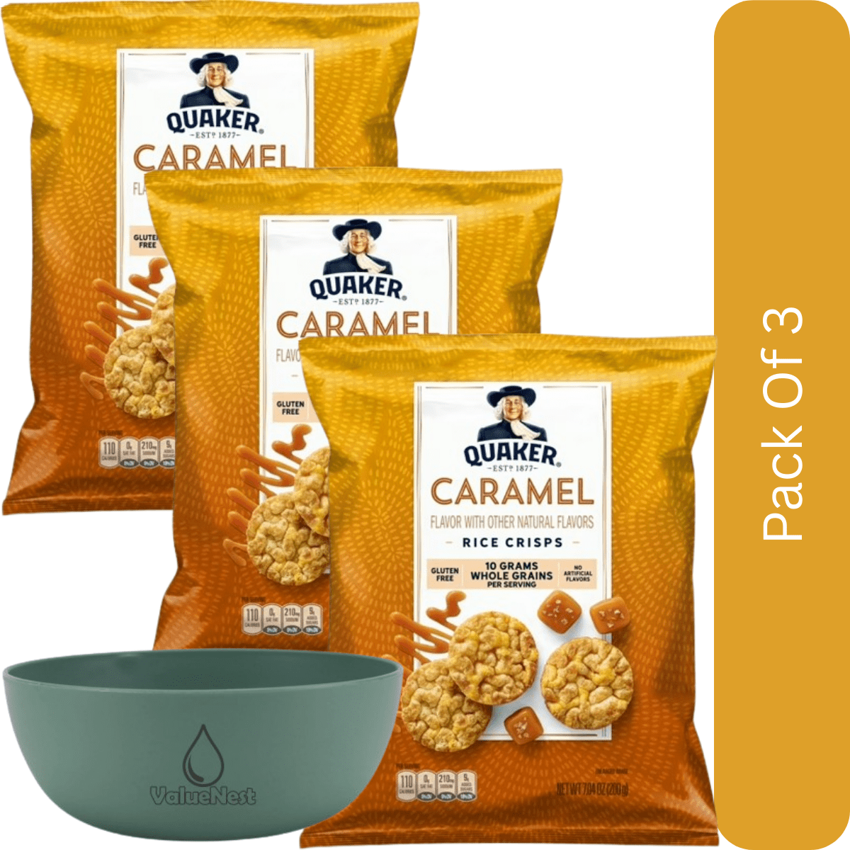 Quaker Caramel Flavored Rice Crisps – 7.04 oz Bag-3pk, With Olive Green Bowl By ValueNest