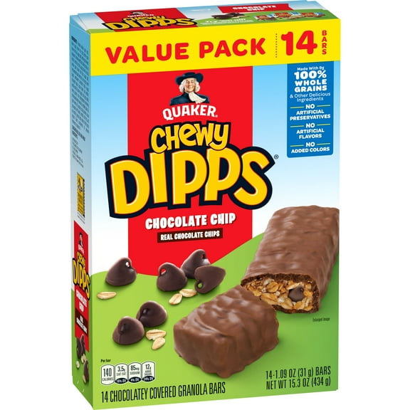 Quaker Chewy Dipps Chocolatey Covered Granola Bars Chocolate Chip, 1.09 oz 14 Count