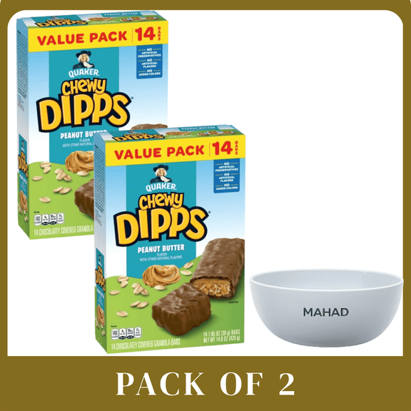 Quaker Chewy Dipps Chocolatey Covered Peanut Butter Granola Bars, 14.8 oz 14 Count-2 pack -with Bowl