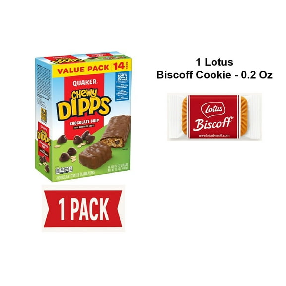 Quaker Chewy Dipps Granola Bars Chocolate Chip, 1.09 Oz, 14 Ct - Pack Of 1 & Lotus Biscoff Cookie - 0.2 Oz - 1 ct