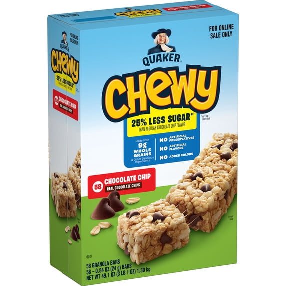 Quaker Chewy Granola Bars, 25% Less Sugar Chocolate Chip, 58 Count