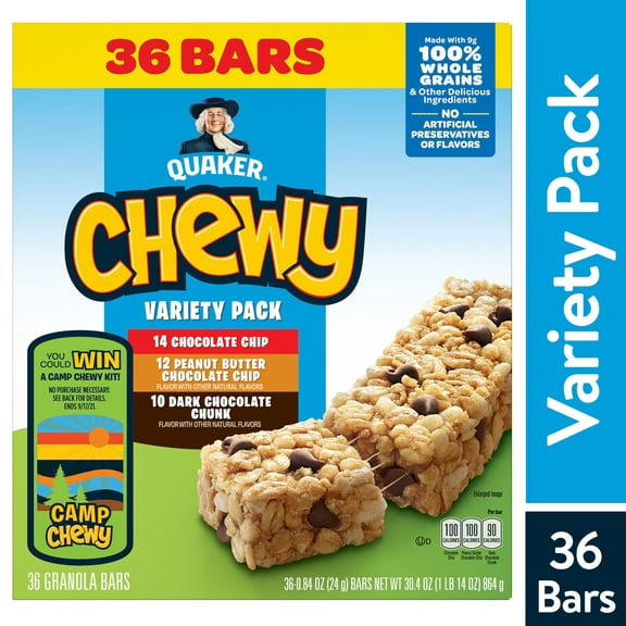 Quaker Chewy Granola Bars, 3 Flavor Variety Pack, 30.4 oz, 36 Count