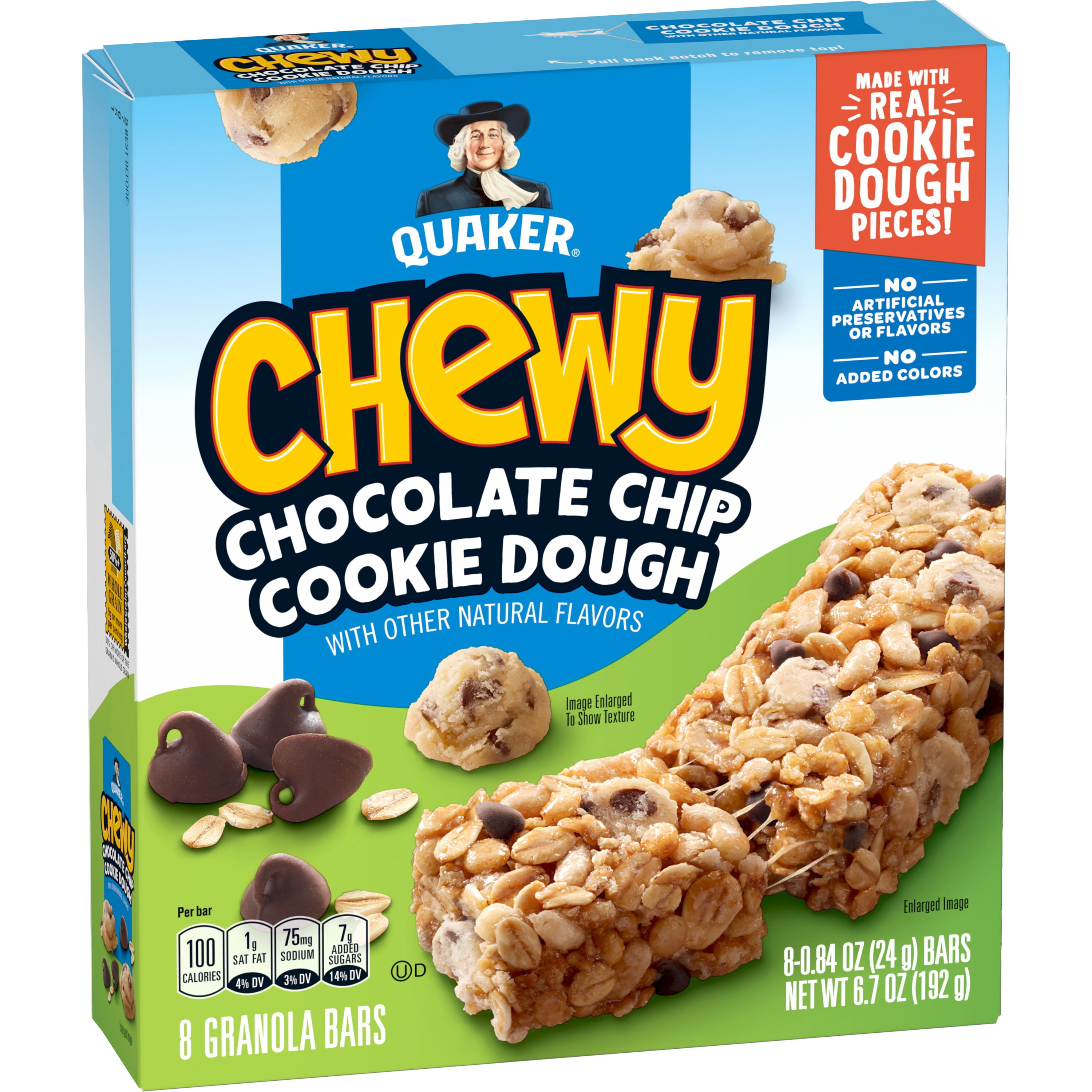 Quaker Chewy Granola Bars, Chocolate Chip Cookie Dough, 0.84 oz Bars, 8 Pack