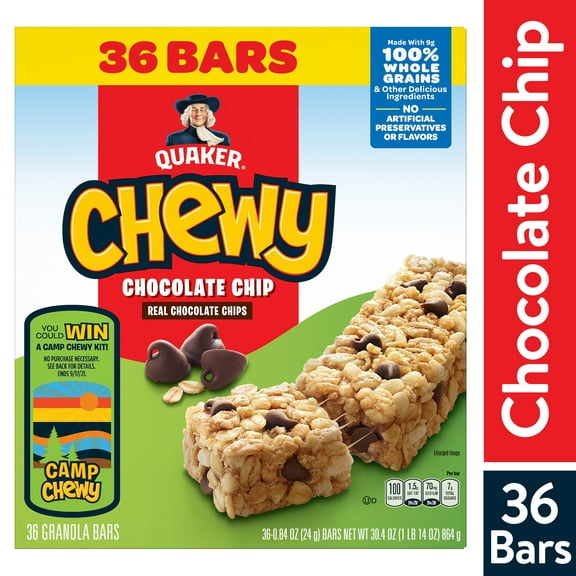 Quaker Chewy Granola Bars, Chocolate Chip Flavor, 0.84 oz, 36 Count