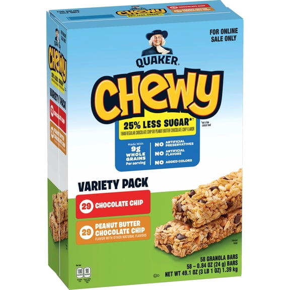 Quaker Chewy Granola Bars, ESF27 25% Less Sugar, 2 Flavor Variety Pack, (58 Pack)