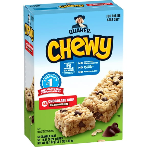 Quaker Chewy Granola Bars, TSF6 Chocolate Chip, 58 Count - Packaging May Vary