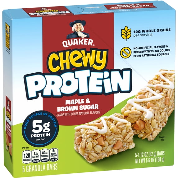 Quaker Chewy Protein Breakfast Bars Maple Brown Sugar, 5.6 oz 5 Count Box