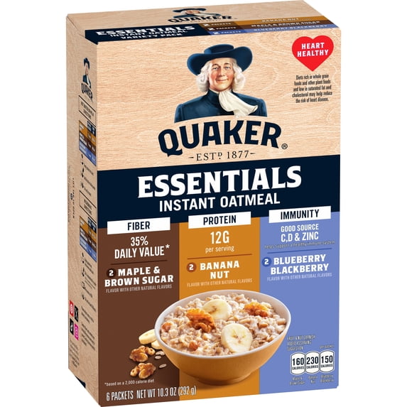 Quaker Essentials Instant Oatmeal, Variety Pack, Good Source of Vitamins, Protein and Fiber, 10.3 Ounce