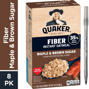 Quaker Fiber Instant Oatmeal Maple & Brown Sugar with pan