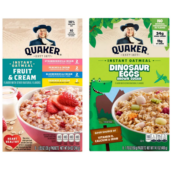 Quaker Fruit & Cream Instant Oatmeal Variety (8ct/9.8oz) + Quaker Instant Oatmeal Dinosaur Eggs Brown Sugar (8ct)