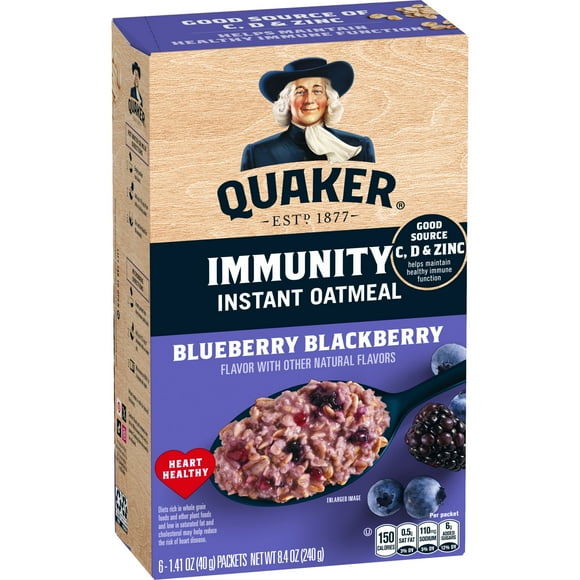 Quaker Immunity Instant Oatmeal, Blueberry Blackberry, Good Source of Vitamins C, D, & Zinc, Whole Grains. 1.41 oz packets, (6 Pack)