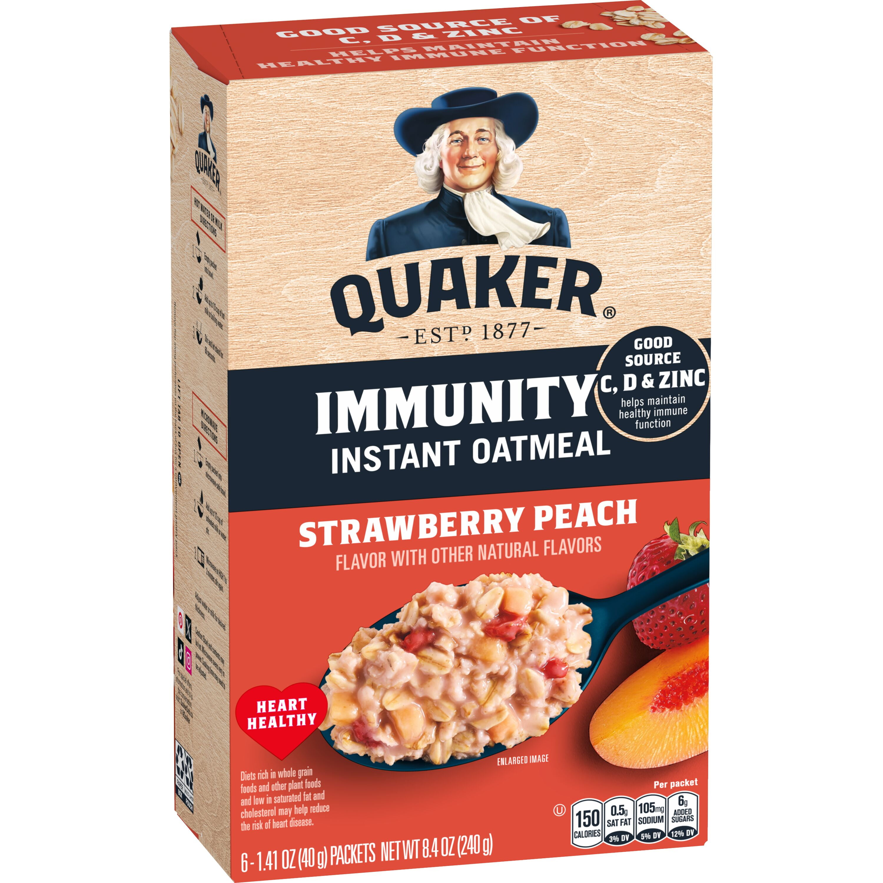Quaker Immunity Instant Oatmeal, Strawberry Peach, Good Source of Vitamins C, D, & Zinc, Whole Grains, 1.41 oz packets, (6 Pack)