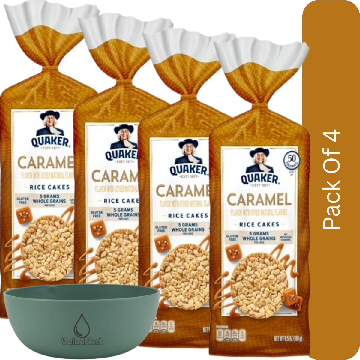 Quaker Gluten-Free Caramel Rice Cakes – 6.5 oz-4pk, With Olive Green Bowl By ValueNest