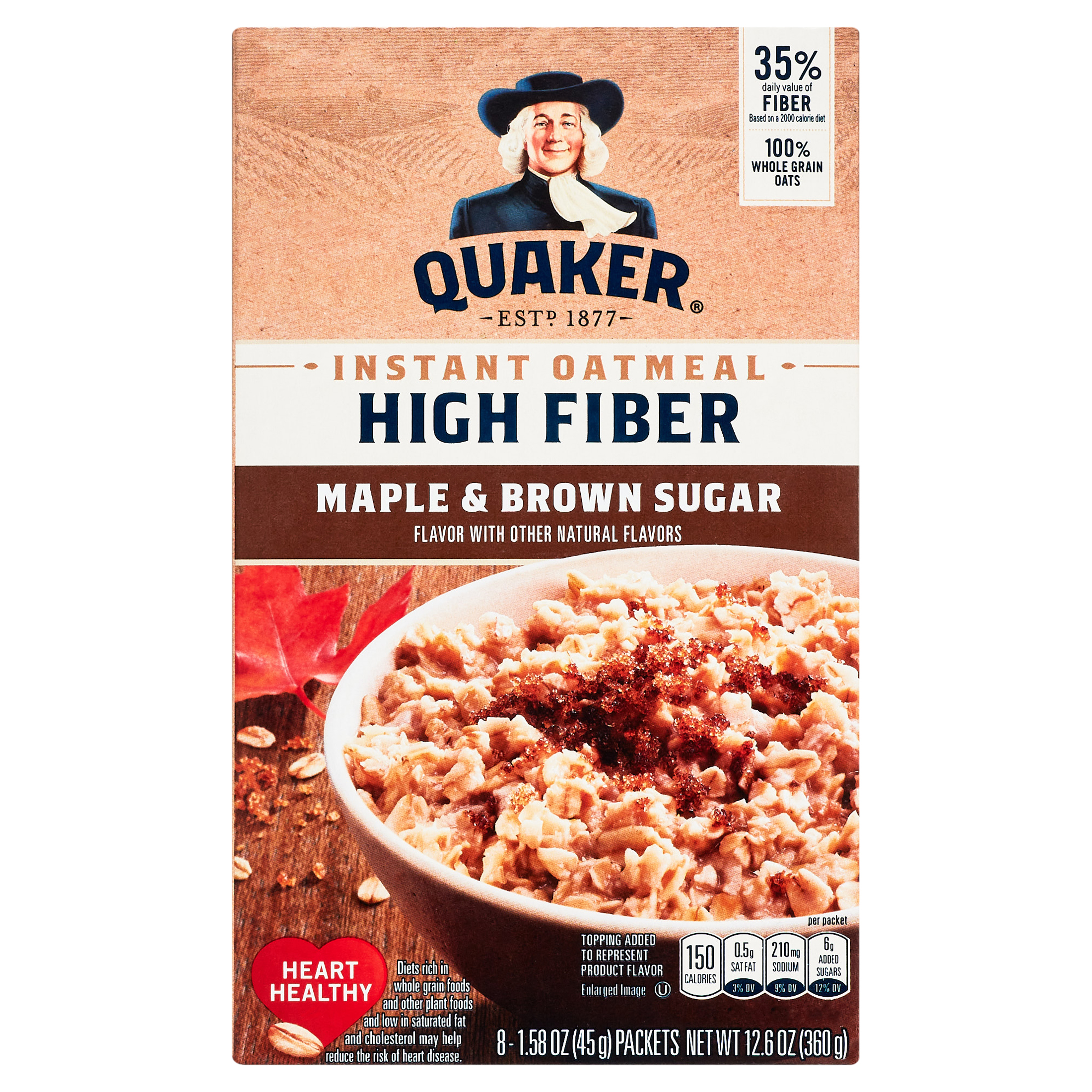 Quaker, High Fiber Instant Oatmeal, Maple & Brown Sugar, 1.58 oz, 8 Packets - image 1 of 13