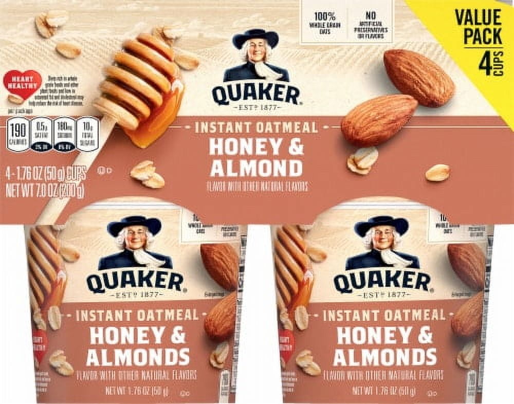 Quaker Honey \u0026 Almond Instant Oatmeal 4 - 1.76 oz Cups - 4 ct