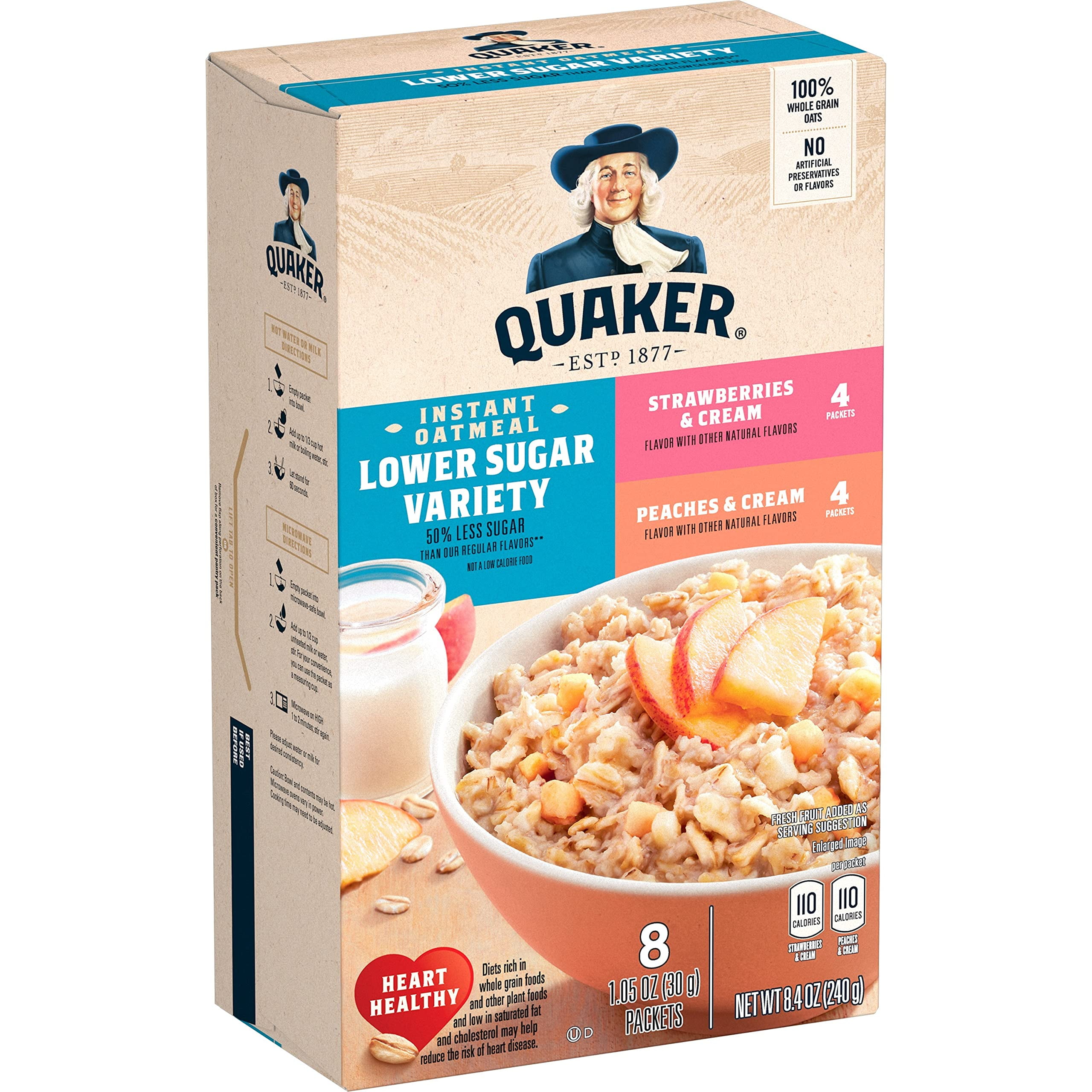 Quaker - Hot Cereal Instant Oatmeal Lower Sugar, Fruit \u0026 Cream Variety Pack, (8 Pack) Packaging May Vary