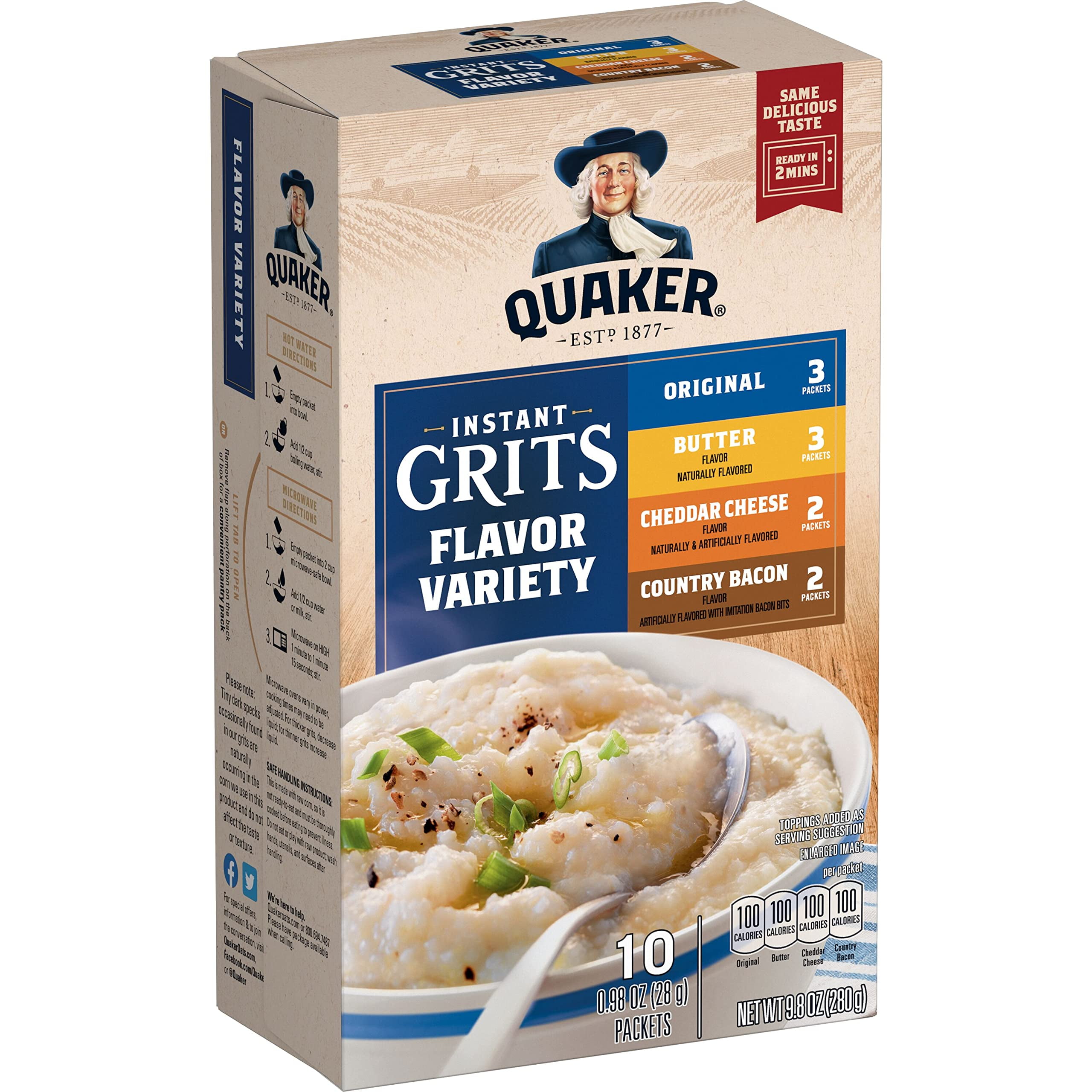 Quaker Instant Grits, 4 Flavor Variety Pack, 0.98Oz Packets (10 Pack