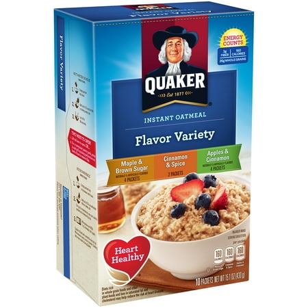 Quaker Instant Oatmeal, 3 Flavor Variety Pack, 15.1 oz Packets, 10 Pack