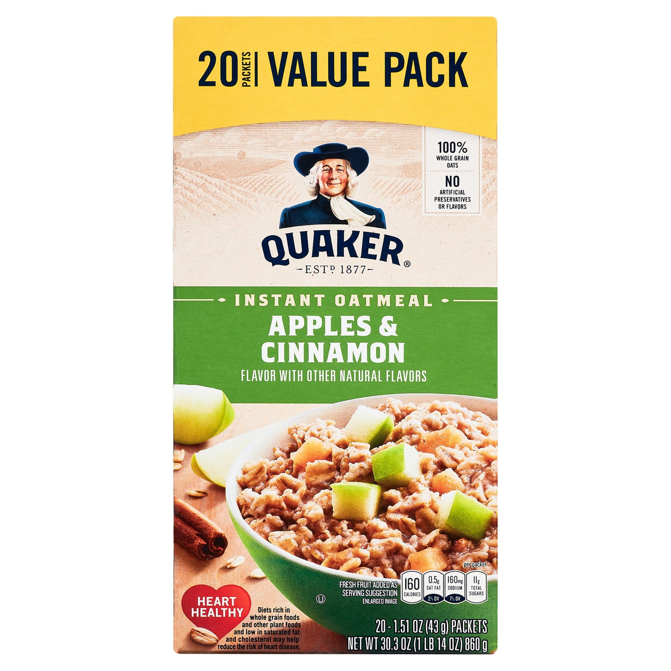 Quaker, Instant Oatmeal, Apple & Cinnamon, 1.51 oz, 20 Packets