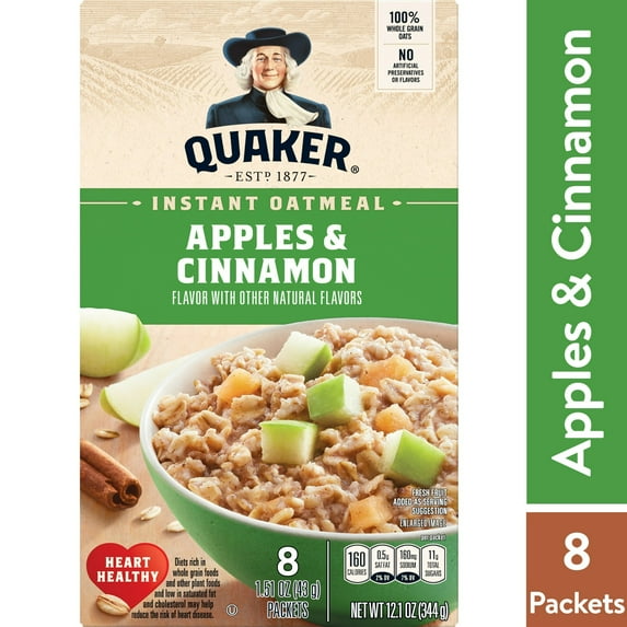 Quaker Instant Oatmeal, Apple & Cinnamon, 12.1 oz (Pack 4)