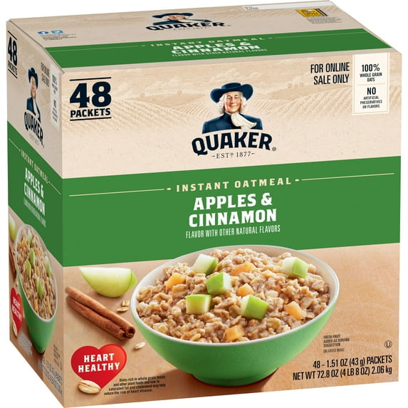 Quaker Instant Oatmeal, Apples & Cinnamon, Individual Packets, 48 Count