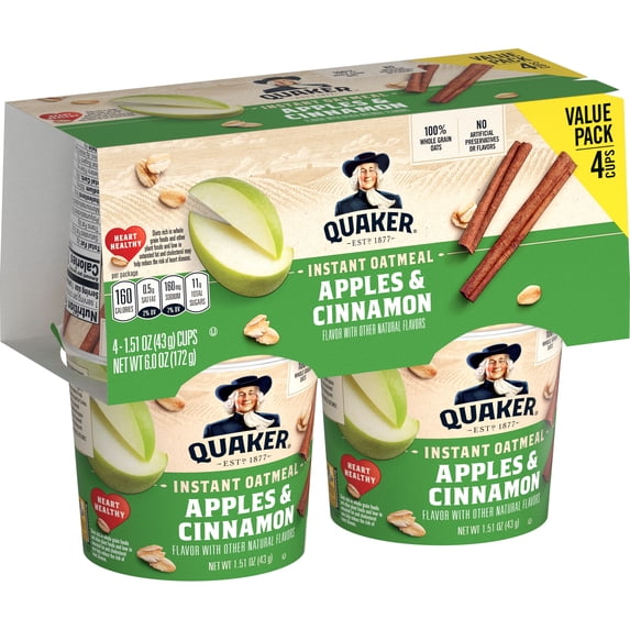 Quaker Instant Oatmeal Apples & Cinnamon Quick Cook Ready to Microwave Oatmeal, 1.51 oz Cups, 4 Pack