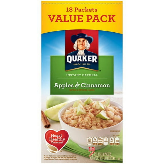 Quaker Instant Oatmeal, Apples & Cinnamon, Value Pack, 1.51 oz, 18 Packets