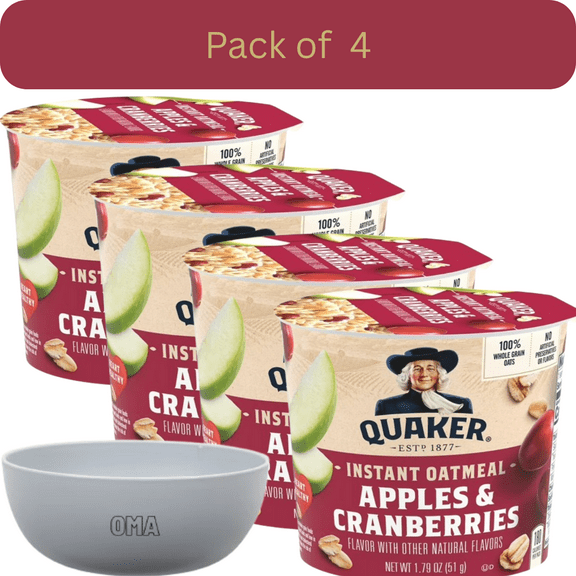 Quaker Instant Oatmeal Apples & Cranberries, 4 Pack (1.79 oz Cups) with Bowl by OMA