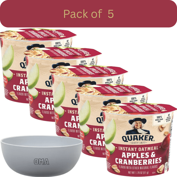 Quaker Instant Oatmeal Apples & Cranberries, 5 Pack (1.79 oz Cups) with Bowl by OMA