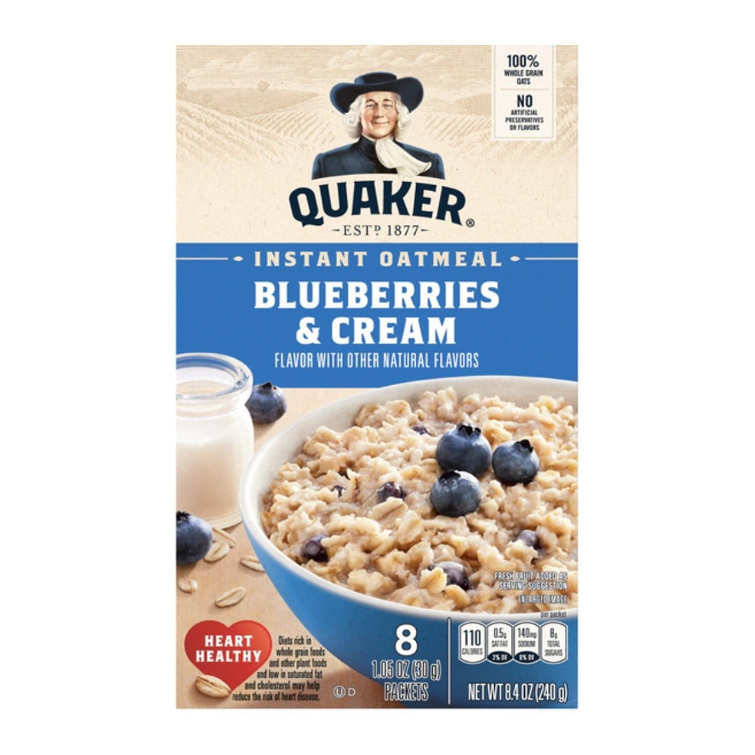 Quaker Instant Oatmeal, Blueberries \u0026 Cream, 8 Count Boxes (Pack of 4)