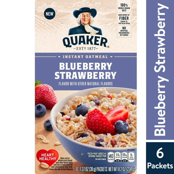 Quaker Instant Oatmeal, Blueberry & Strawberry, 1.37 oz Box, 6 Packets