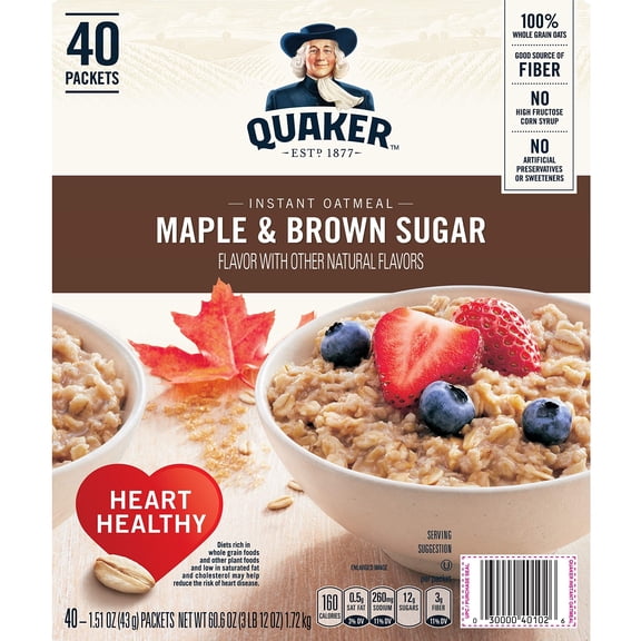 Quaker Instant Oatmeal Cereal, Maple and Brown Sugar, (40-1.51 oz packets) 60.6 Ounce