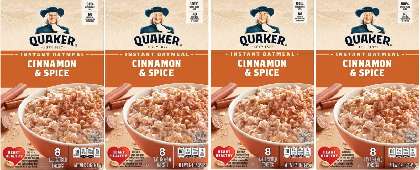 Quaker Instant Oatmeal, Cinnamon Spice, 8 ct, 12.1 oz Box (4 Pack)