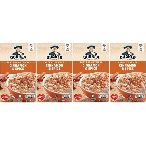 Quaker Instant Oatmeal, Cinnamon Spice, 8 ct, 12.1 oz Box (4 Pack)