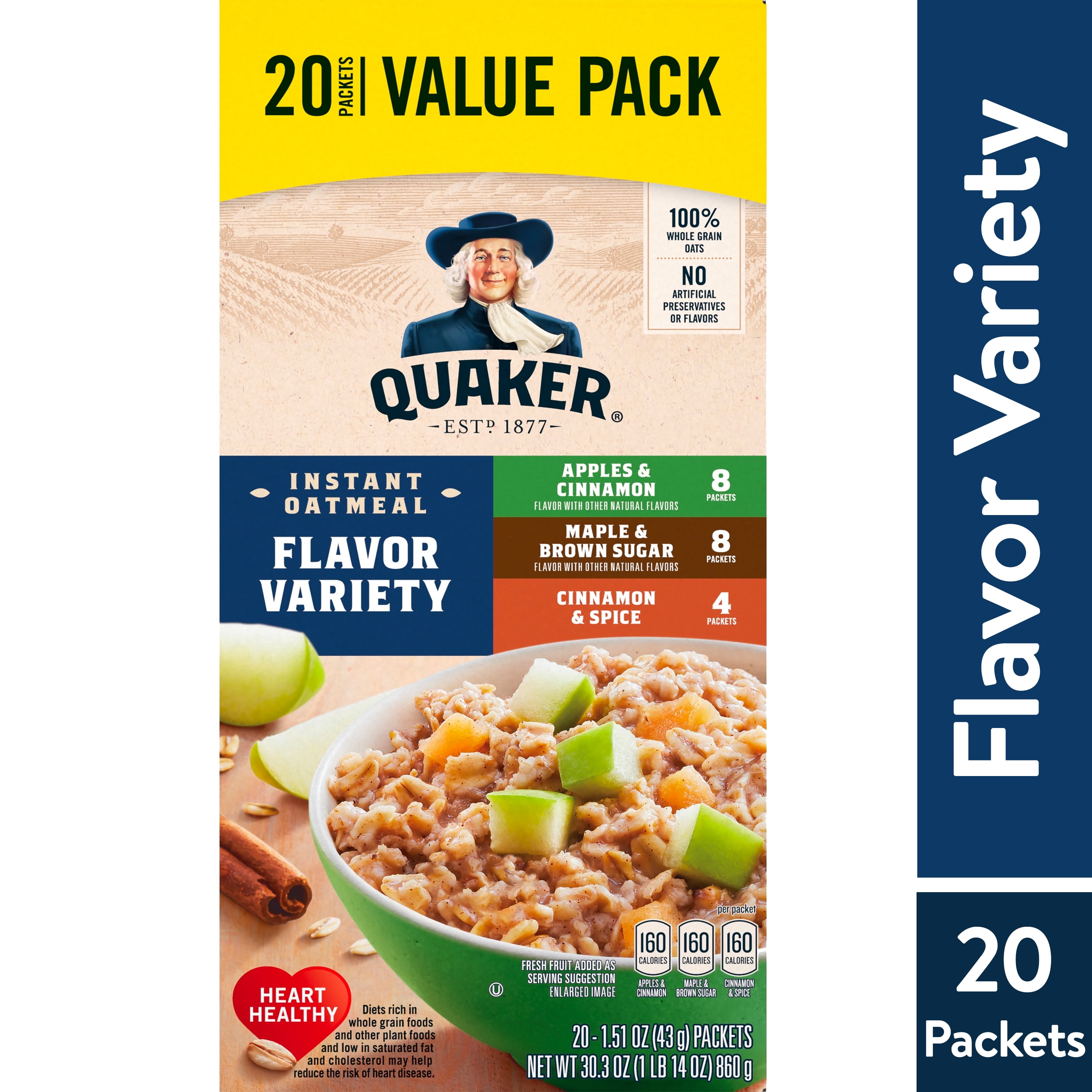 Quaker Instant Oatmeal, Flavor Variety Value Pack, 20 Packets (8 Apples & Cinnamon, 8 Maple & Brown Sugar, 4 Cinnamon Spice)